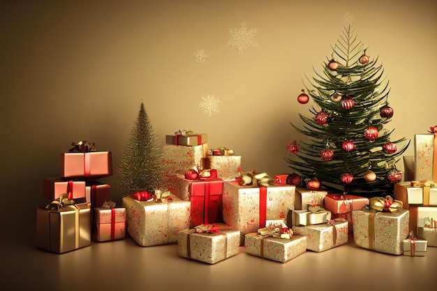 Christmas festival decoration with gift boxes pile spectacular christmas tree