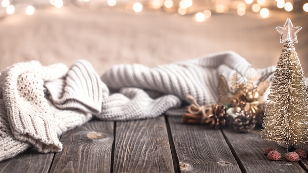 Christmas festive decor still life on wooden wall