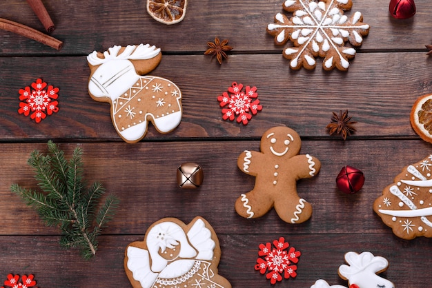 Christmas festive gingerbread made at home on a dark table