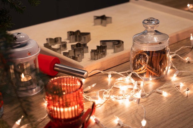 Christmas festively decorated kitchen with christmas lights and cookie cutters