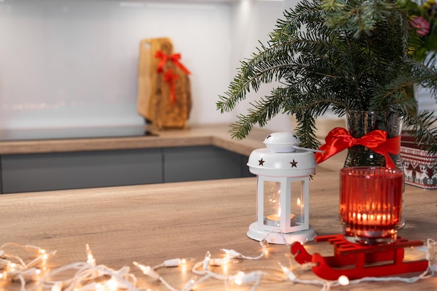 Christmas festively decorated kitchen with christmas lights and cookie cutters