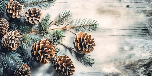 Christmas fir branches with pine cones on a white wooden background