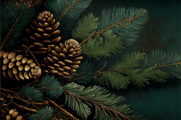 Christmas fir tree branches and pine cones background creative digital painting