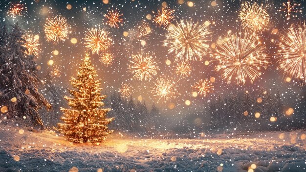 Photo christmas fireworks celebrating holiday magic over snowy landscape with decorated tree