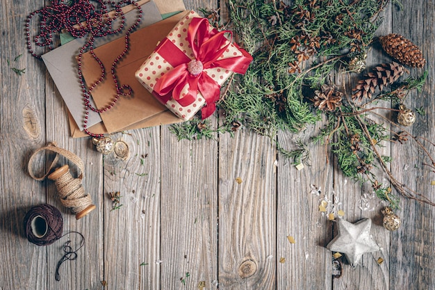 Christmas flat lay background on wooden surface