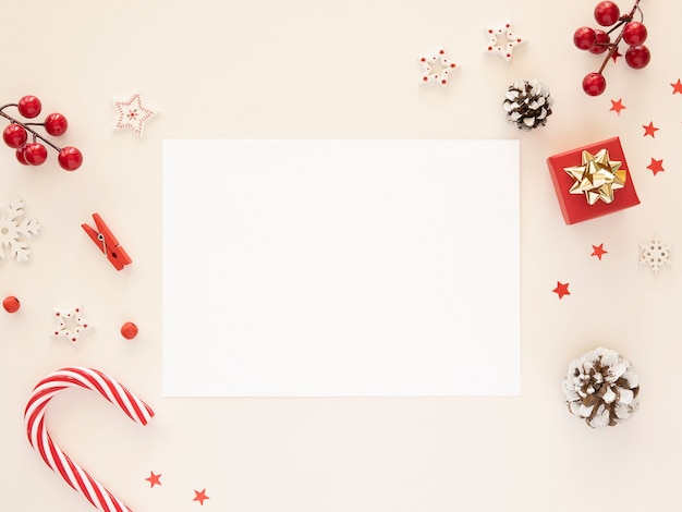 Christmas flat lay mockup letter blank paper sheet with Xmas decorations on white background