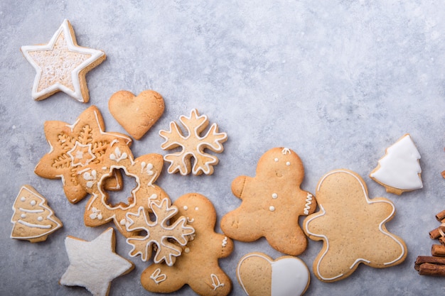 Christmas flat lay with traditional gingerbread cookies