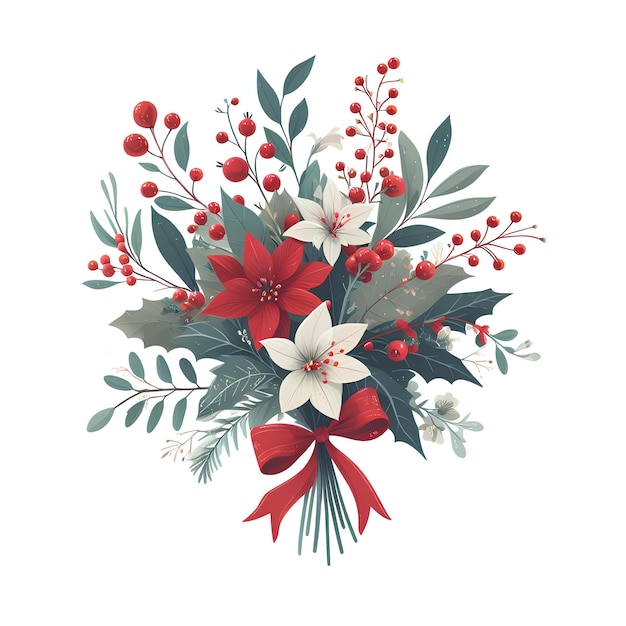 Christmas floral bouquet with poinsettia holly berry eucalyptus fir branches and red berries