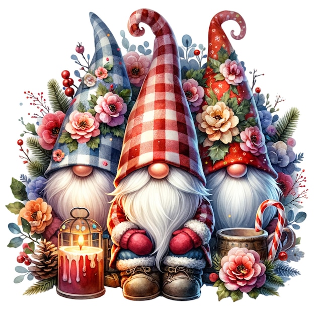 Photo christmas floral three gnomes with a hat covering his face isolated and cutout on white background