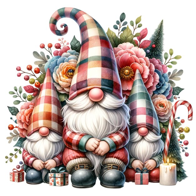 Photo christmas floral three gnomes with a hat covering his face isolated and cutout on white background