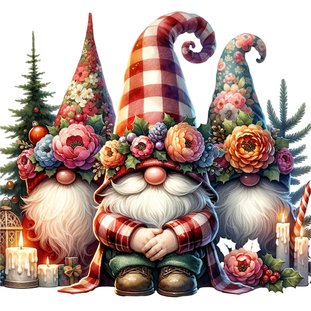 Photo christmas floral three gnomes with a hat covering his face isolated and cutout on white background