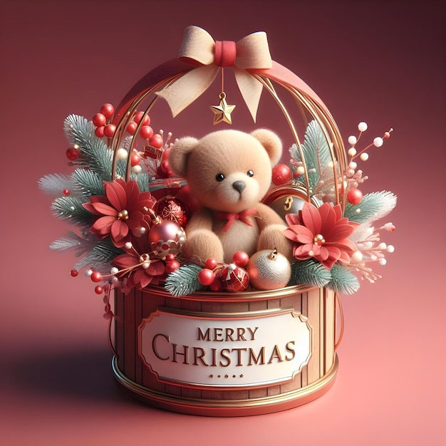 Christmas flowers and a teddy bear 3d render