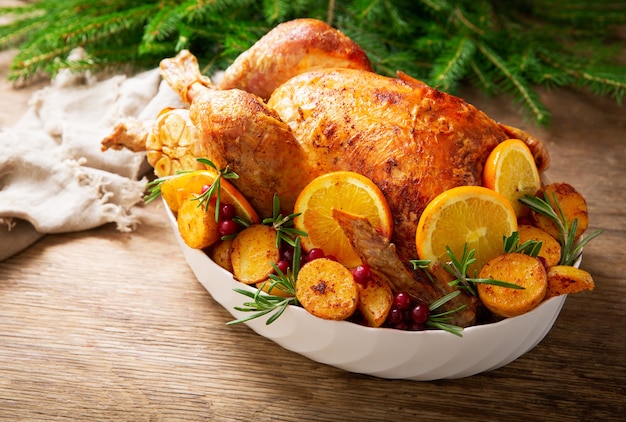 Christmas food. Baked turkey garnished with potato, oranges and  cranberries on a wooden table