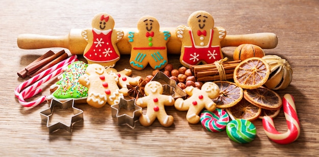 Christmas food.  Homemade gingerbread cookies on a wooden table