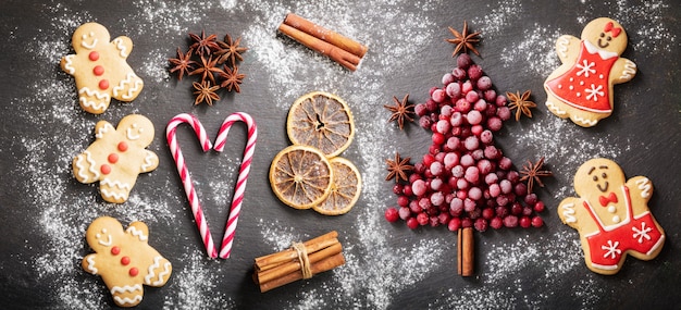 Christmas food Ingredients for Christmas baking fir tree made from frozen cranberries