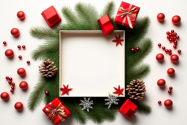 Christmas frame made of fir branches red berries Christmas wallpaper Flat lay top view