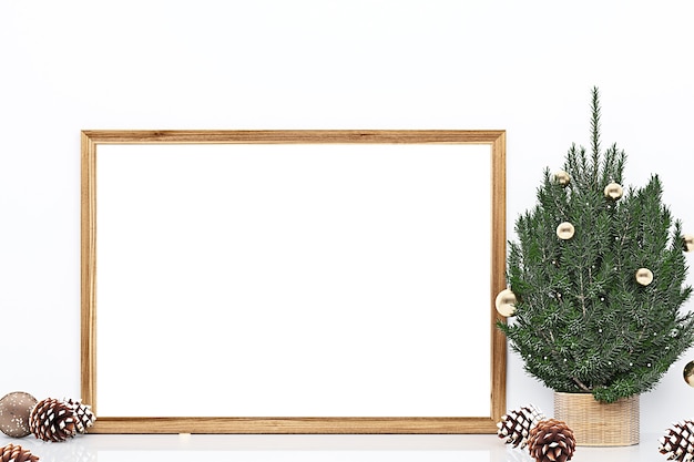 Christmas frame mockup horizontal wooden frame A4 and christmas decor