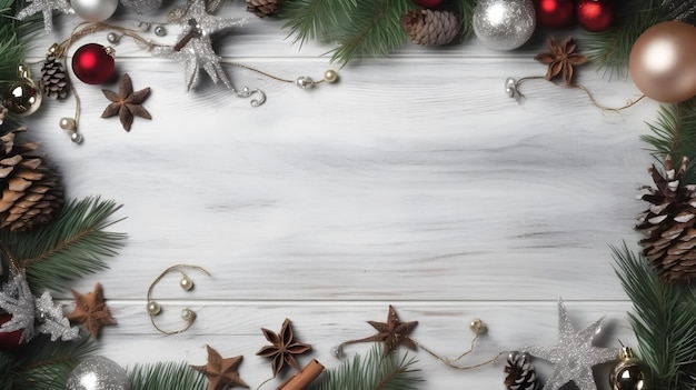 A christmas frame with christmas decorations on a white wooden table