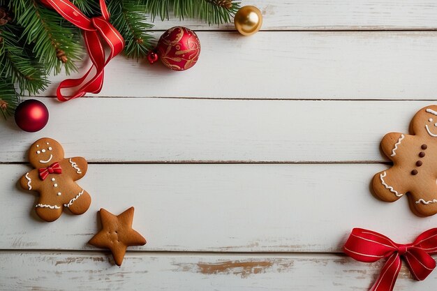 Christmas frame with ornaments and gingerbread cookies on white wood background ar c