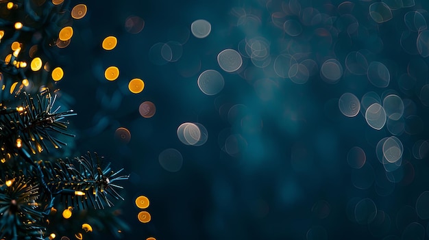 Christmas garland bokeh lights over dark blue background