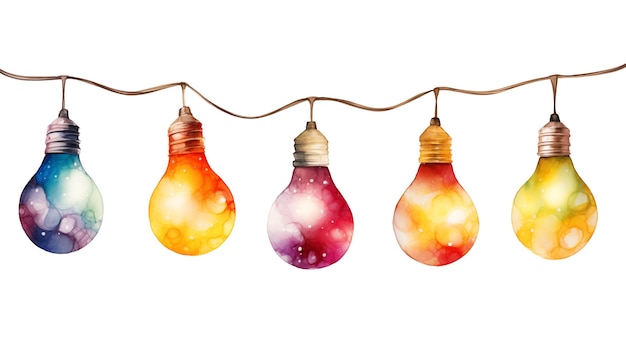 Christmas garland of colorful light bulbs isolated watercolor illustration