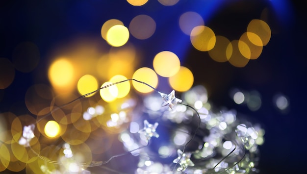 Photo christmas garland of glass bottles, jars with a plant inside. new year and christmas concept. a garland of light bulbs with a beautiful light and bokeh