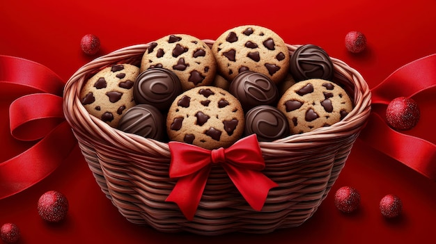 Photo christmas gift basket filled with cookies and chocolates wrapped in cellophane ribbon tied