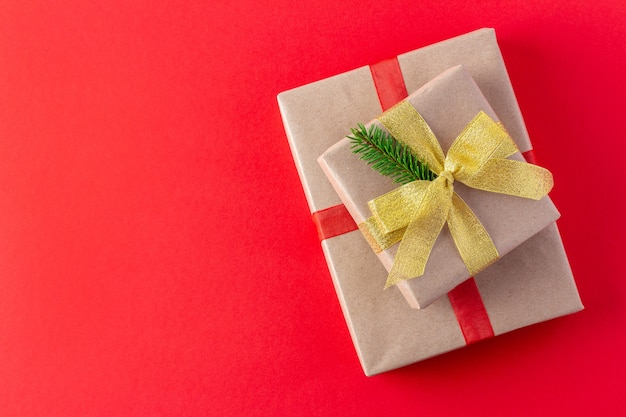 Christmas gift box in eco-wrapping with spruce twig