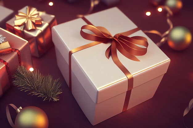 Christmas gift box with baubles and tree bokeh light on background 3d illustration