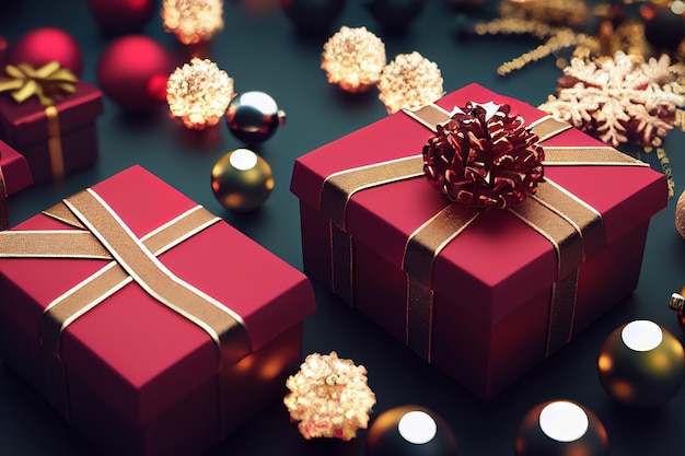 Christmas gift box with baubles and tree bokeh light on background 3d illustration