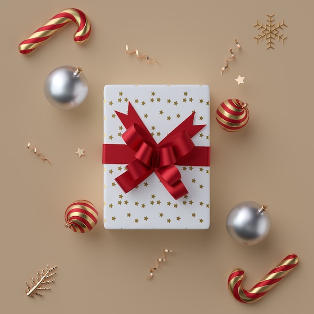 Christmas gift box with christmas balls 3d render