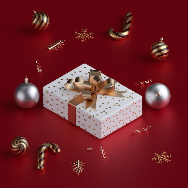 Christmas gift box with christmas balls 3d render