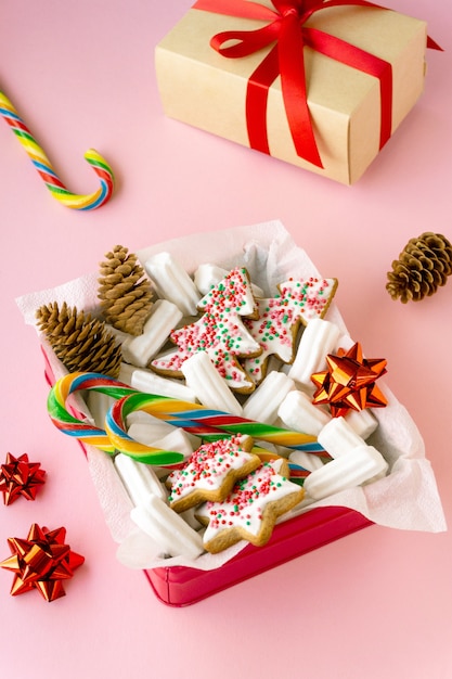 Christmas gift box with gingerbread cookies