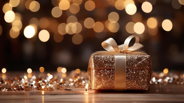 Christmas gift box with golden christmas balls on bokeh golden background