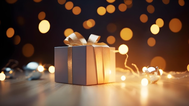 A christmas gift box with lights in the background