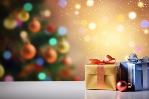 Christmas gift boxes on background bokeh blur lights and illumination AI generated illustration