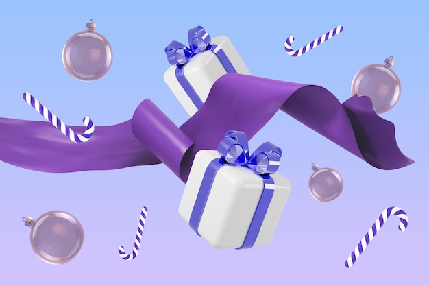 Christmas gift boxes balls and canes with purple ribbon 3d render