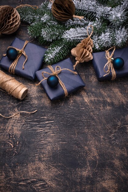 Christmas gift boxes in blue paper