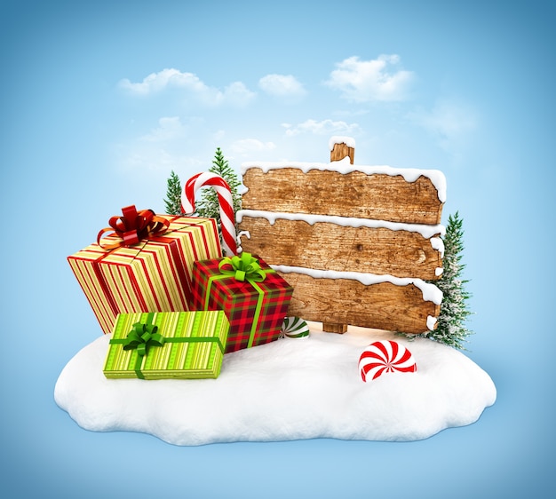 Christmas gift boxes, candies and empty wooden sign on snowdrift at blue background. Unusual christmas illustration