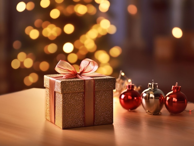 Christmas gift boxes on Christmas tree background with blurred lights