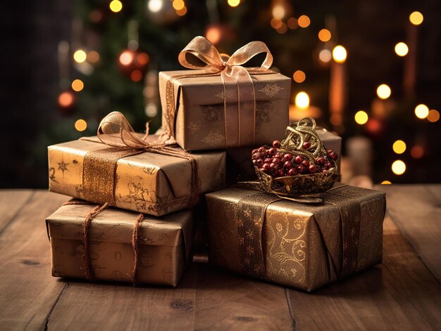 Christmas gift boxes on Christmas tree background with blurred lights