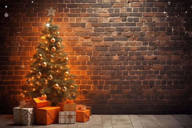 christmas gift and christmas tree with light and orange brick wall background