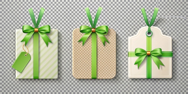 Photo christmas gift tags and label template with green ribbon