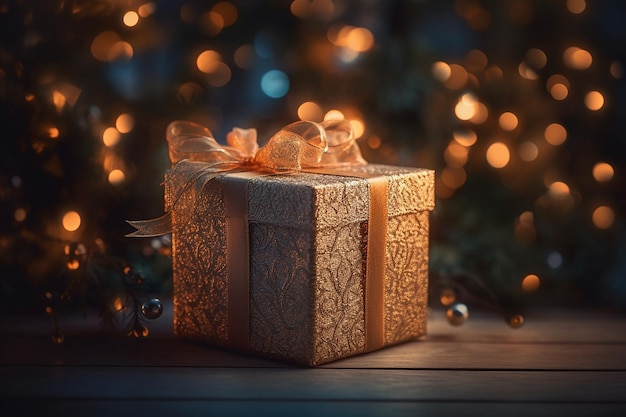 A christmas gift with a gold ribbon and a gold bow sits on a wooden