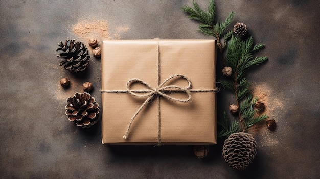 A christmas gift wrapped in brown paper with pine cones and a brown bow.