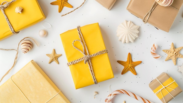 a christmas gift wrapped in gold ribbon with starfish on the table