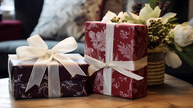 Christmas gift wrapping idea for boxing day and winter holidays in the English countryside tradition