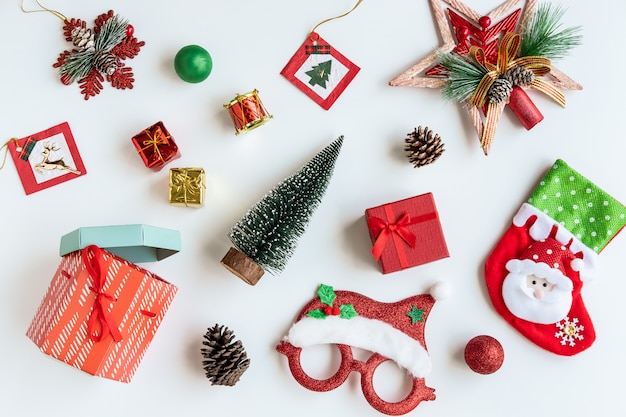 Christmas gifts, ornaments and decorations collection on white background, Flat lay, Top view