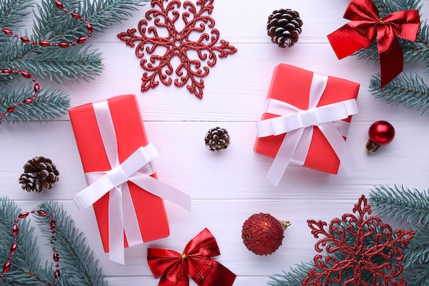 Christmas gifts presents with decorations on a white background.