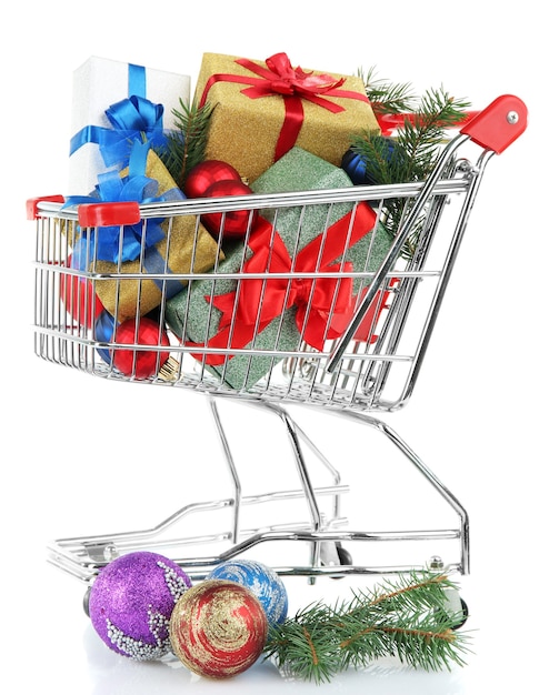 Christmas gifts in shopping trolley, isolated on white